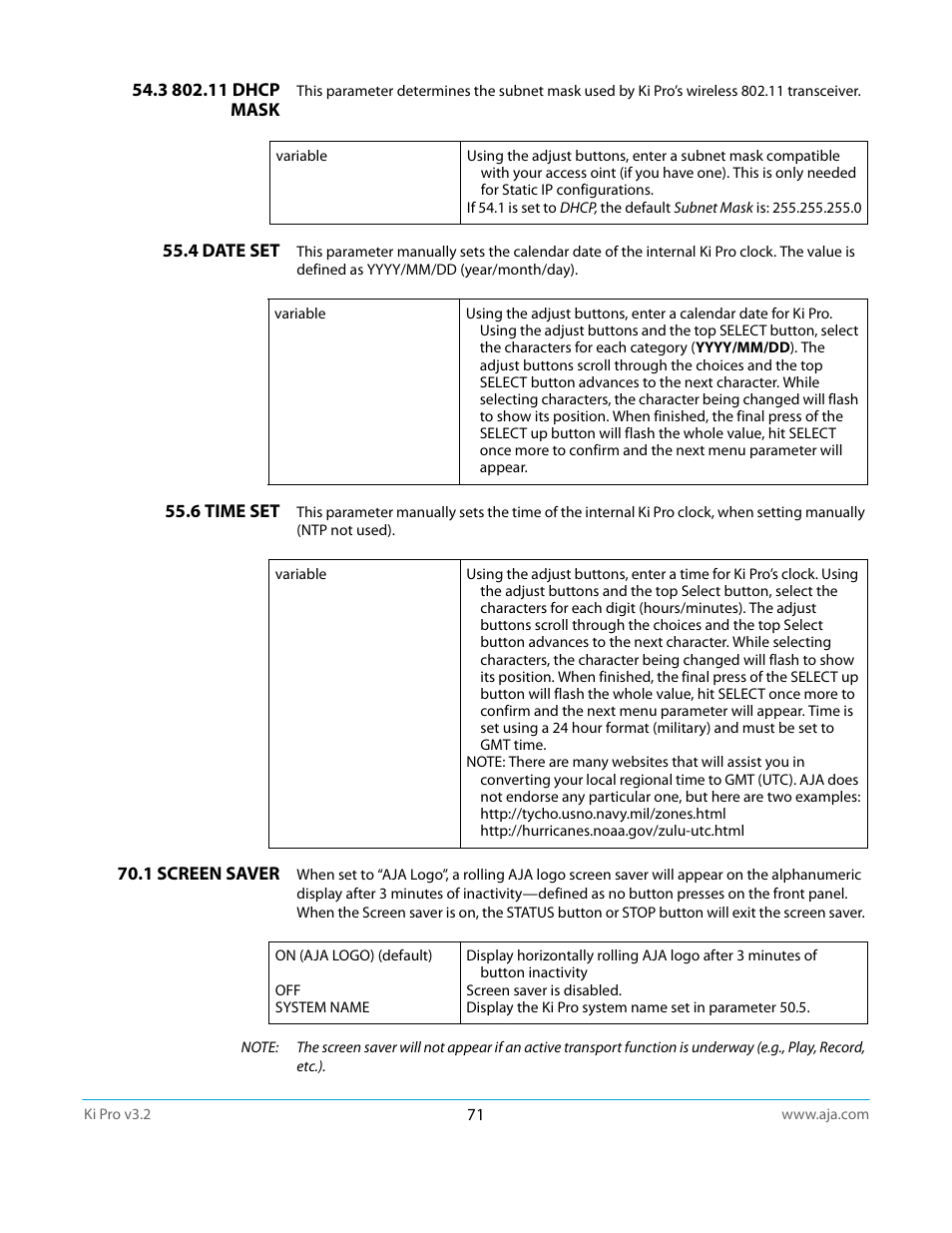 3 802.11 dhcp mask, 4 date set, 6 time set | 1 screen saver | AJA Ki Pro User Manual | Page 71 / 110