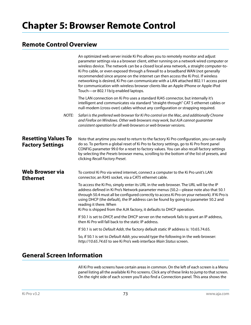 Remote control overview, Resetting values to factory settings, Web browser via ethernet | General screen information, Chapter 5: browser remote control | AJA Ki Pro User Manual | Page 73 / 110