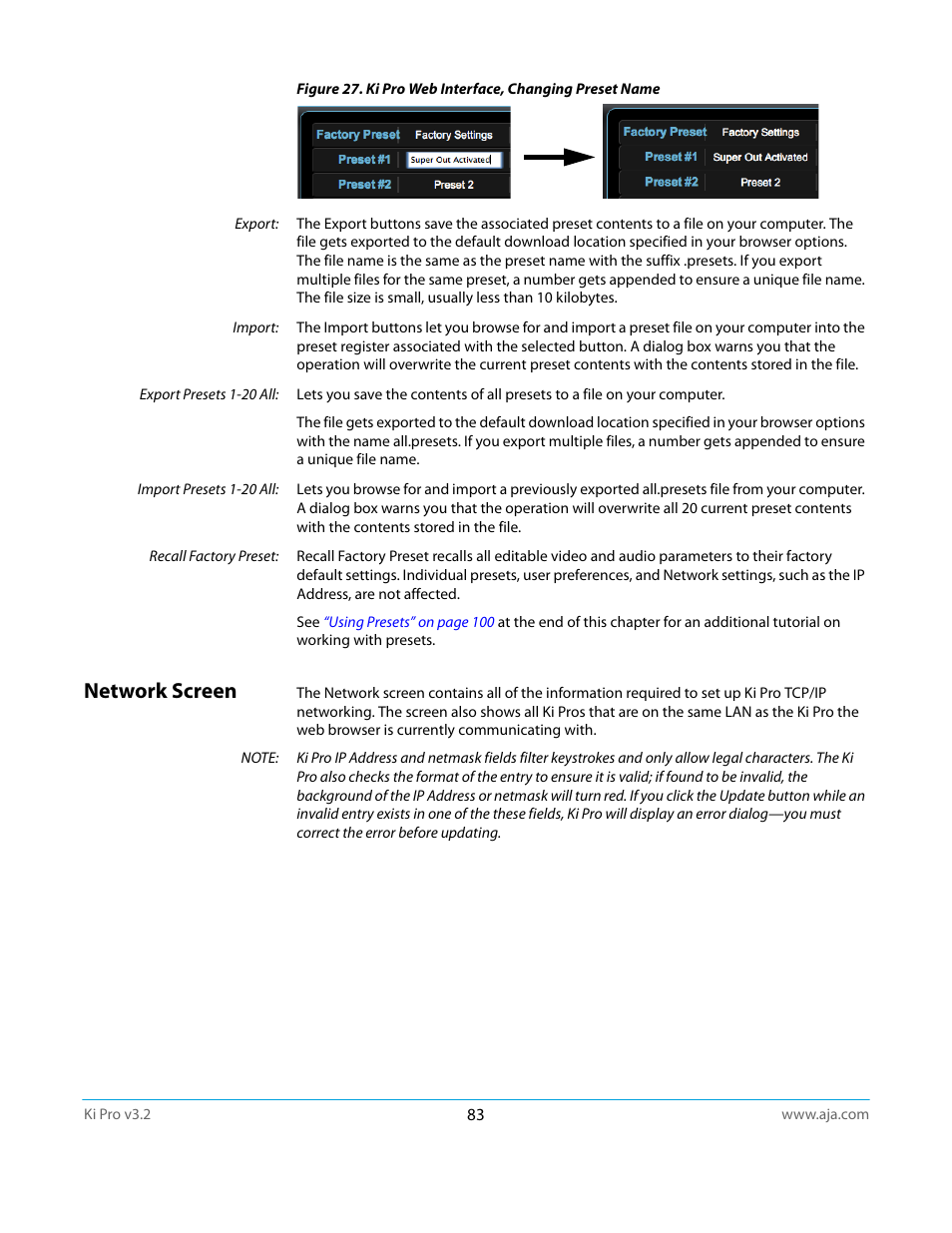 Network screen | AJA Ki Pro User Manual | Page 83 / 110
