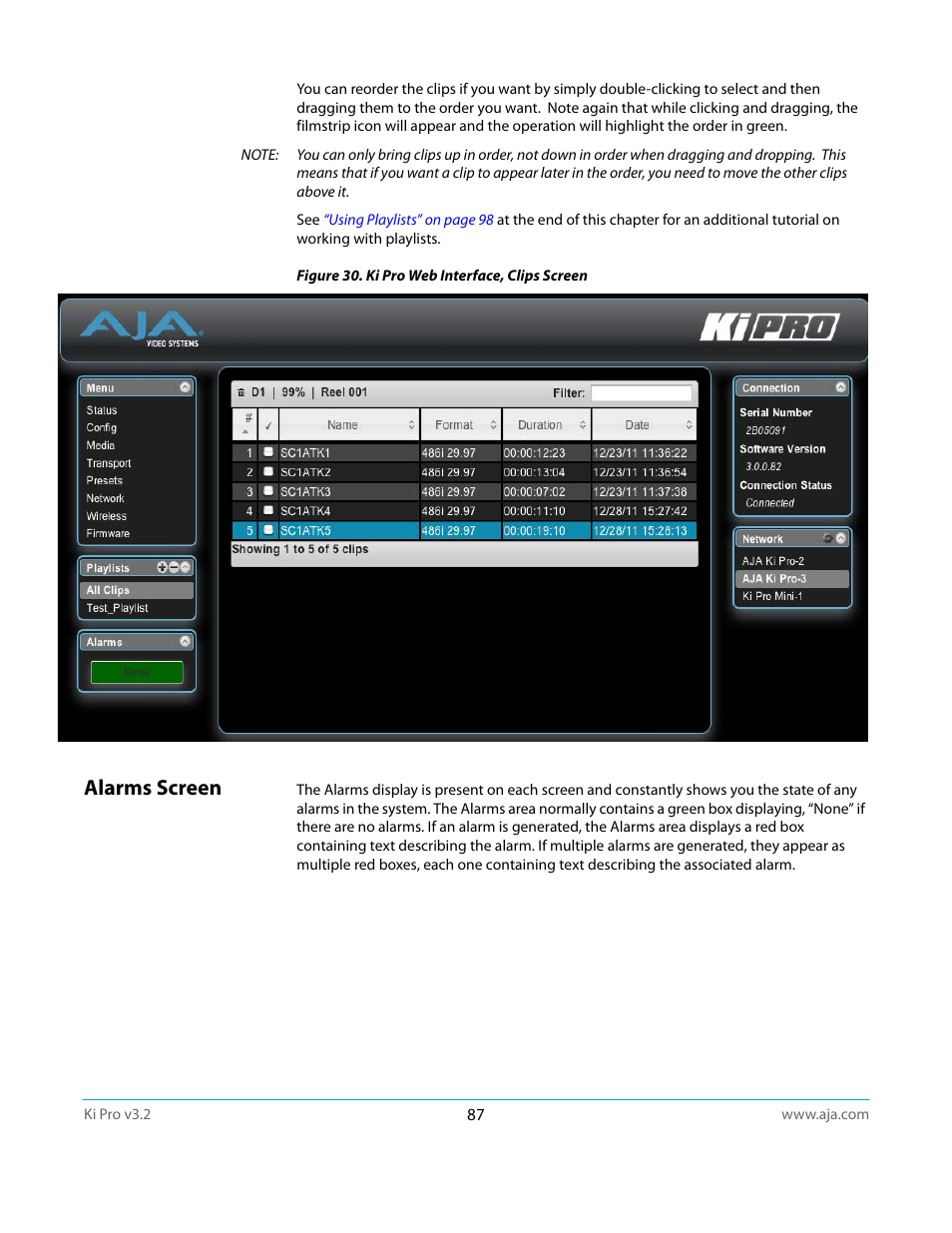 Alarms screen | AJA Ki Pro User Manual | Page 87 / 110