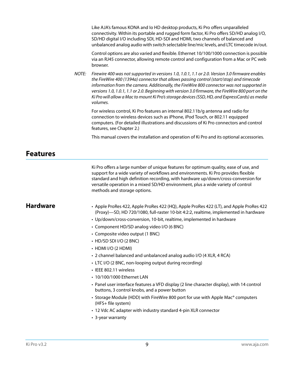 Features, Hardware | AJA Ki Pro User Manual | Page 9 / 110