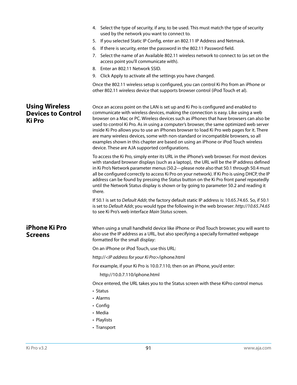 Using wireless devices to control ki pro, Iphone ki pro screens | AJA Ki Pro User Manual | Page 91 / 110