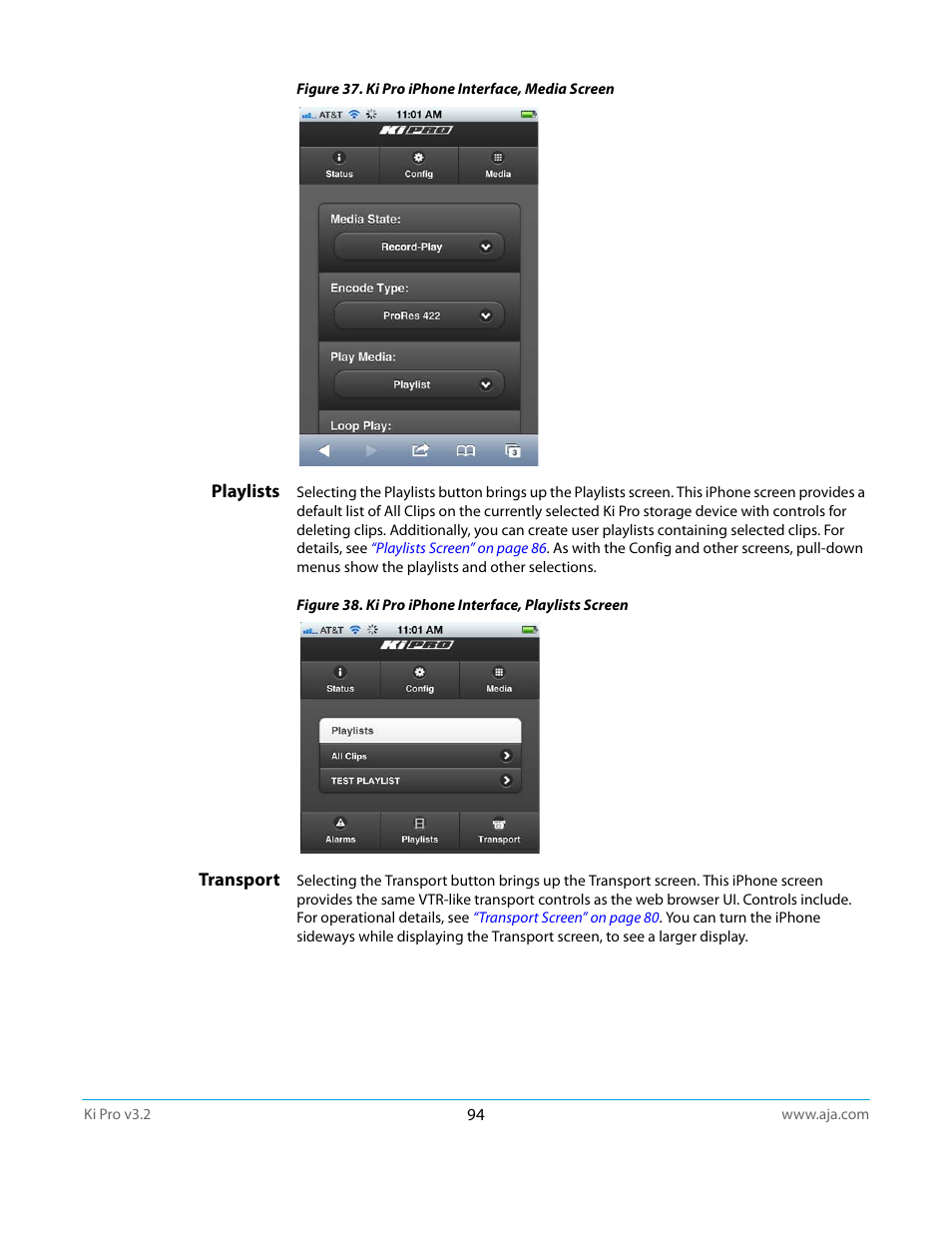 Playlists, Transport, Playlists transport | AJA Ki Pro User Manual | Page 94 / 110