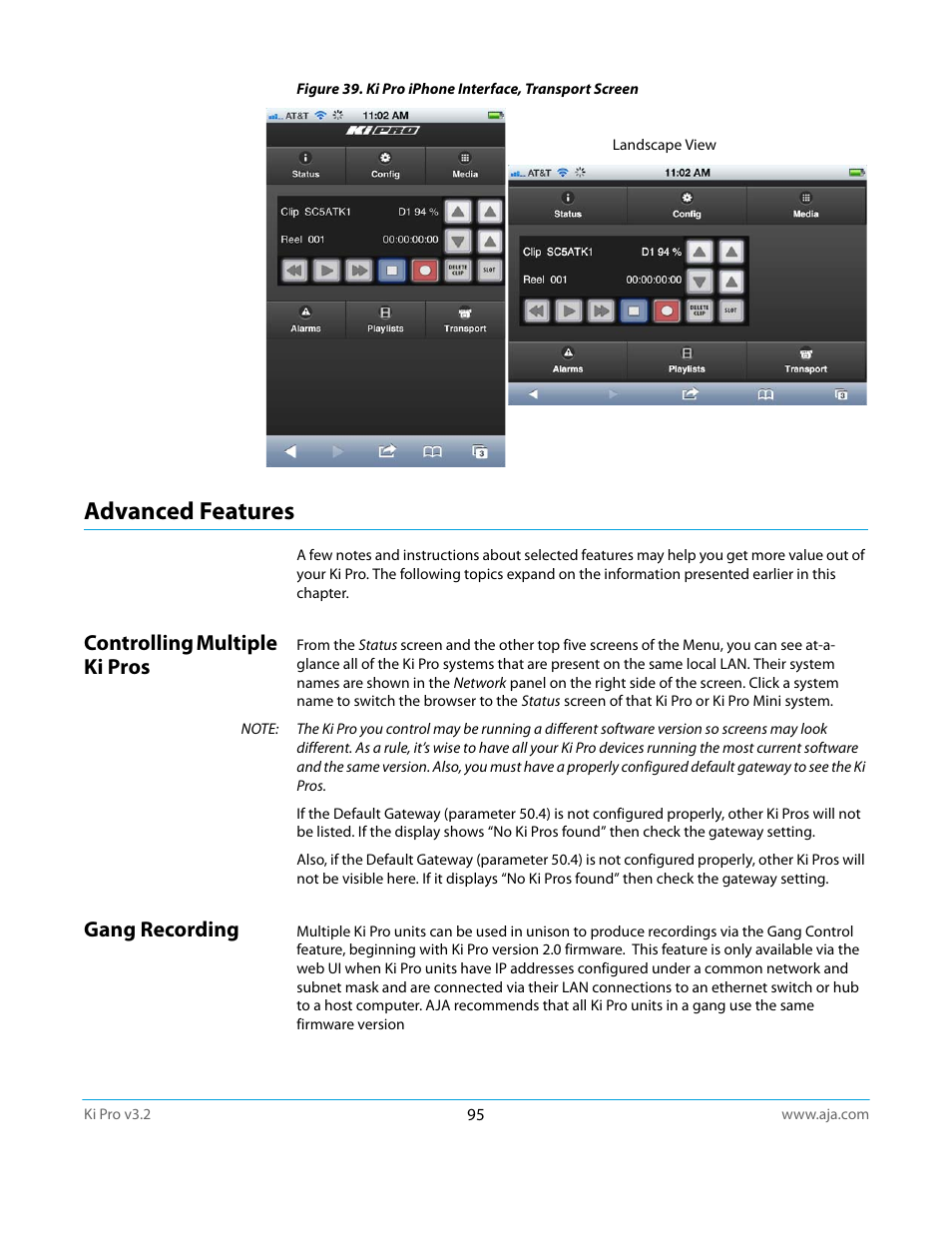 Advanced features, Controlling multiple ki pros, Gang recording | Controlling multiple ki pros gang recording | AJA Ki Pro User Manual | Page 95 / 110