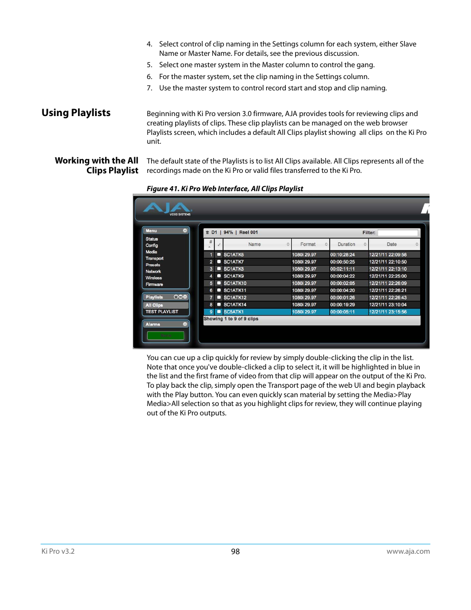 Using playlists, Working with the all clips playlist | AJA Ki Pro User Manual | Page 98 / 110
