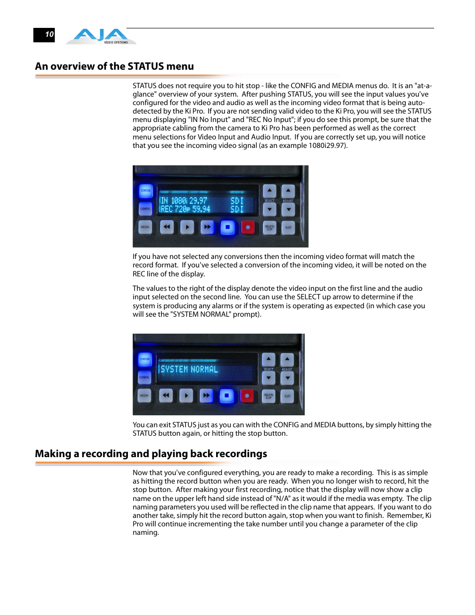 An overview of the status menu, Making a recording and playing back recordings | AJA Ki Pro User Manual | Page 10 / 16