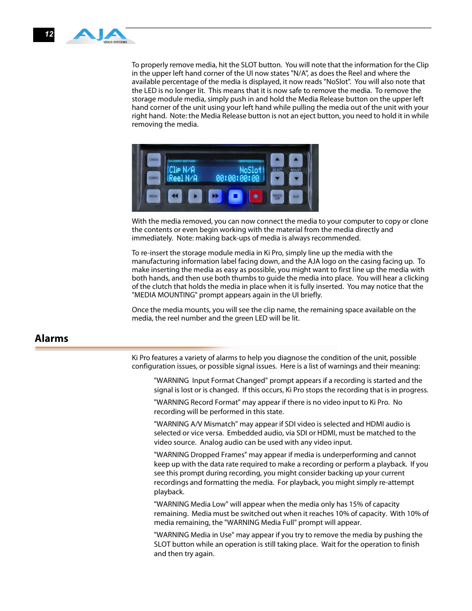 Alarms | AJA Ki Pro User Manual | Page 12 / 16