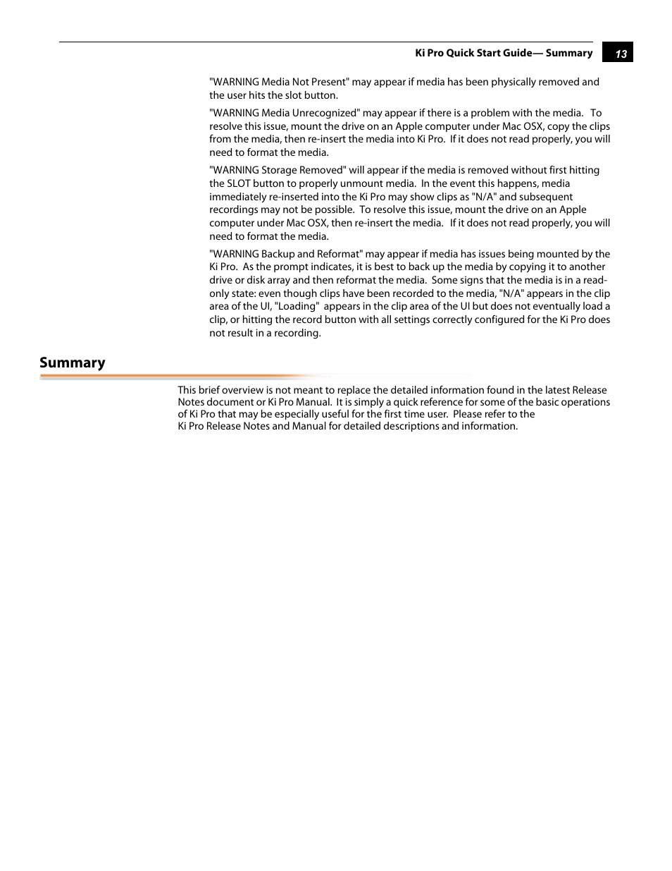 Summary | AJA Ki Pro User Manual | Page 13 / 16