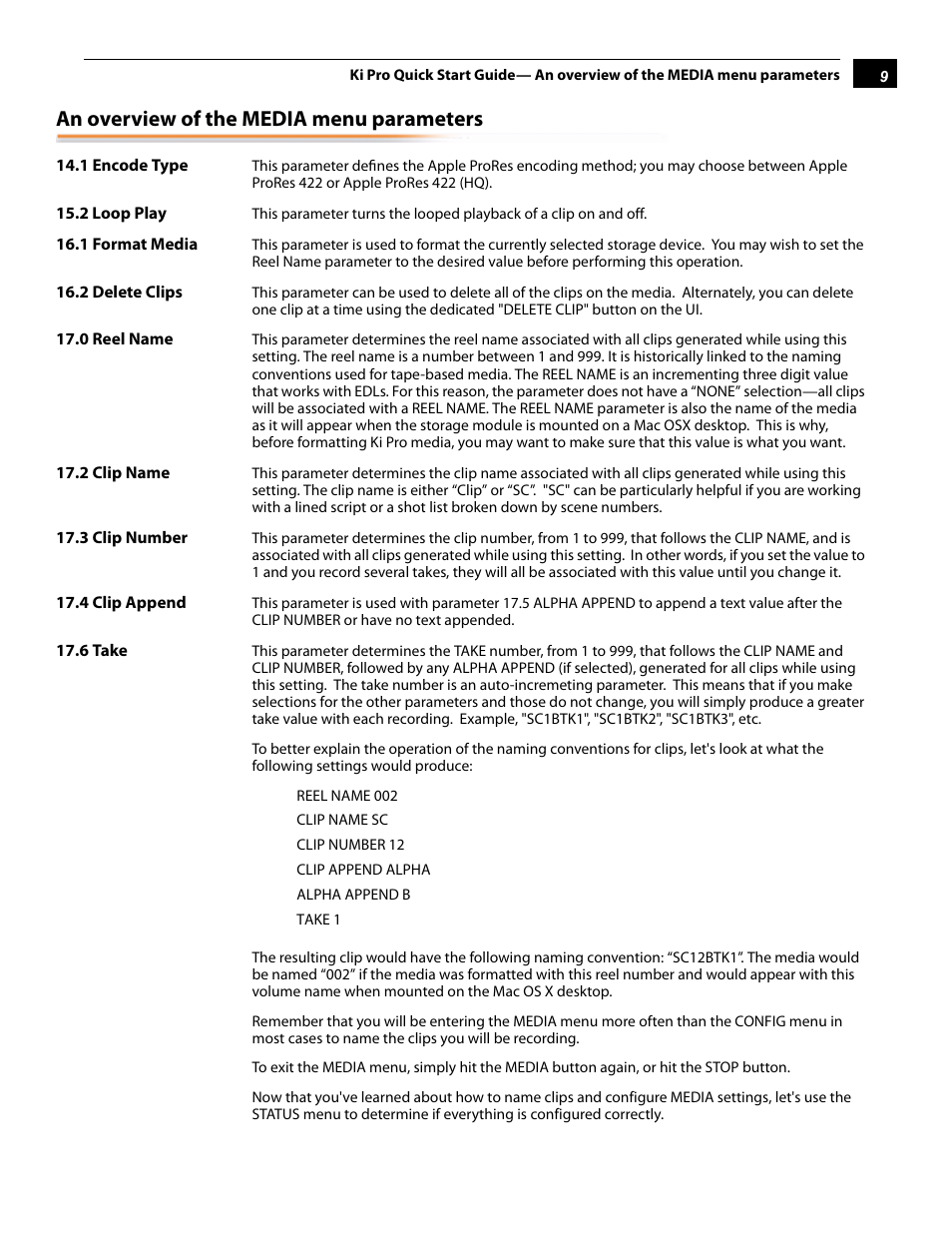 An overview of the media menu parameters | AJA Ki Pro User Manual | Page 9 / 16