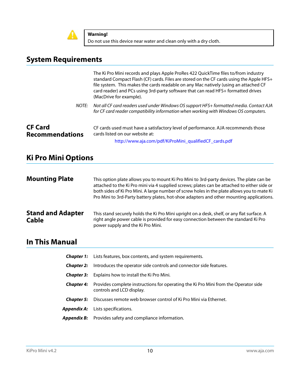 System requirements, Cf card recommendations, Ki pro mini options | Mounting plate, Stand and adapter cable, In this manual, Mounting plate stand and adapter cable | AJA Ki Pro Mini User Manual | Page 10 / 106