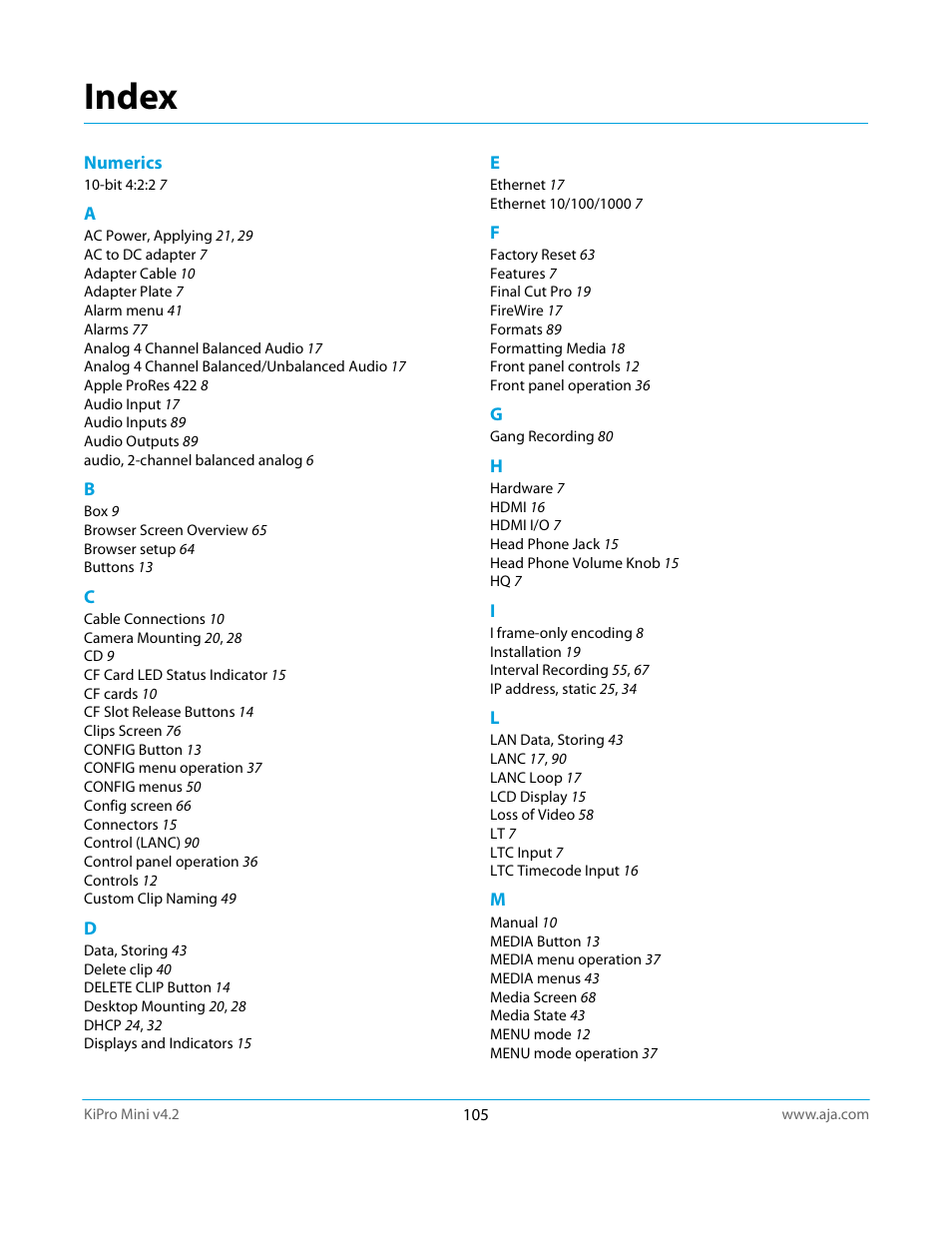 Index | AJA Ki Pro Mini User Manual | Page 105 / 106