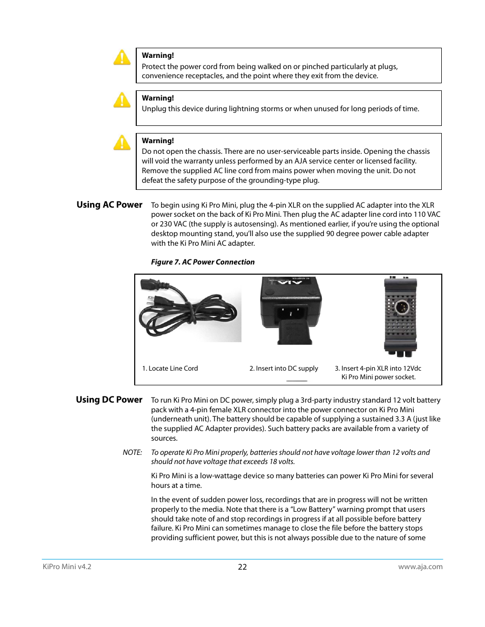 Using ac power, Using dc power | AJA Ki Pro Mini User Manual | Page 22 / 106