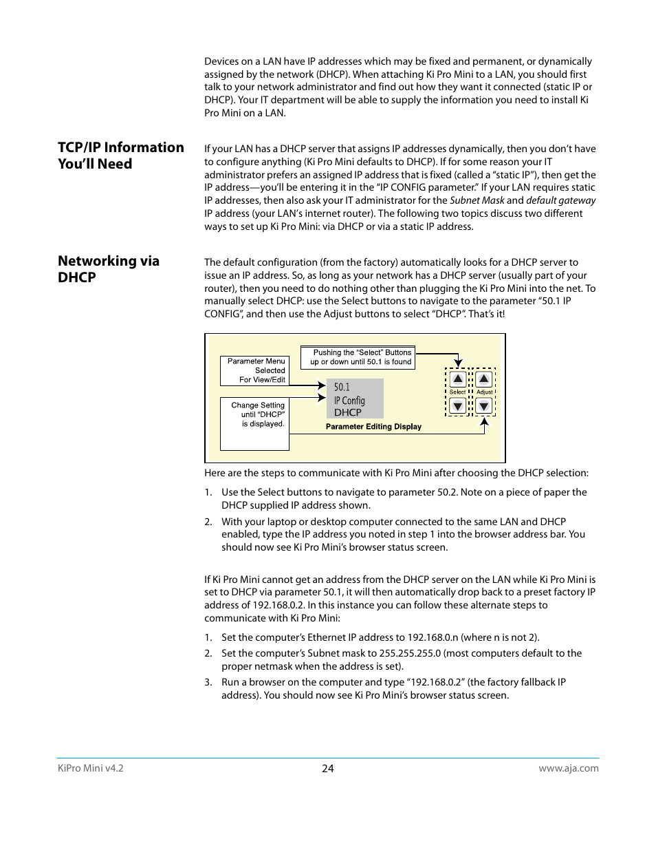 Tcp/ip information you’ll need, Networking via dhcp, Tcp/ip information you’ll need networking via dhcp | AJA Ki Pro Mini User Manual | Page 24 / 106