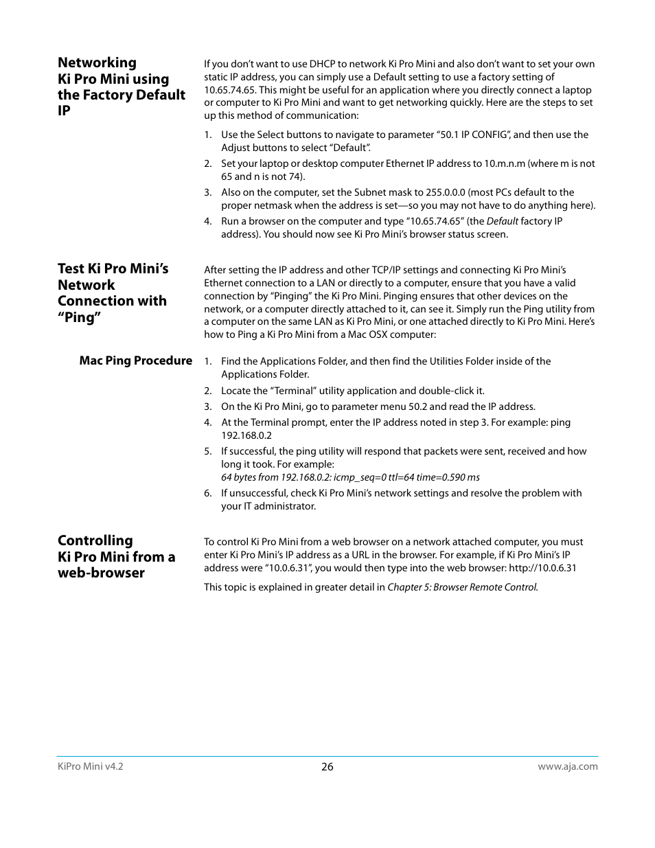 Test ki pro mini’s network connection with “ping, Mac ping procedure, Controlling ki pro mini from a web-browser | AJA Ki Pro Mini User Manual | Page 26 / 106