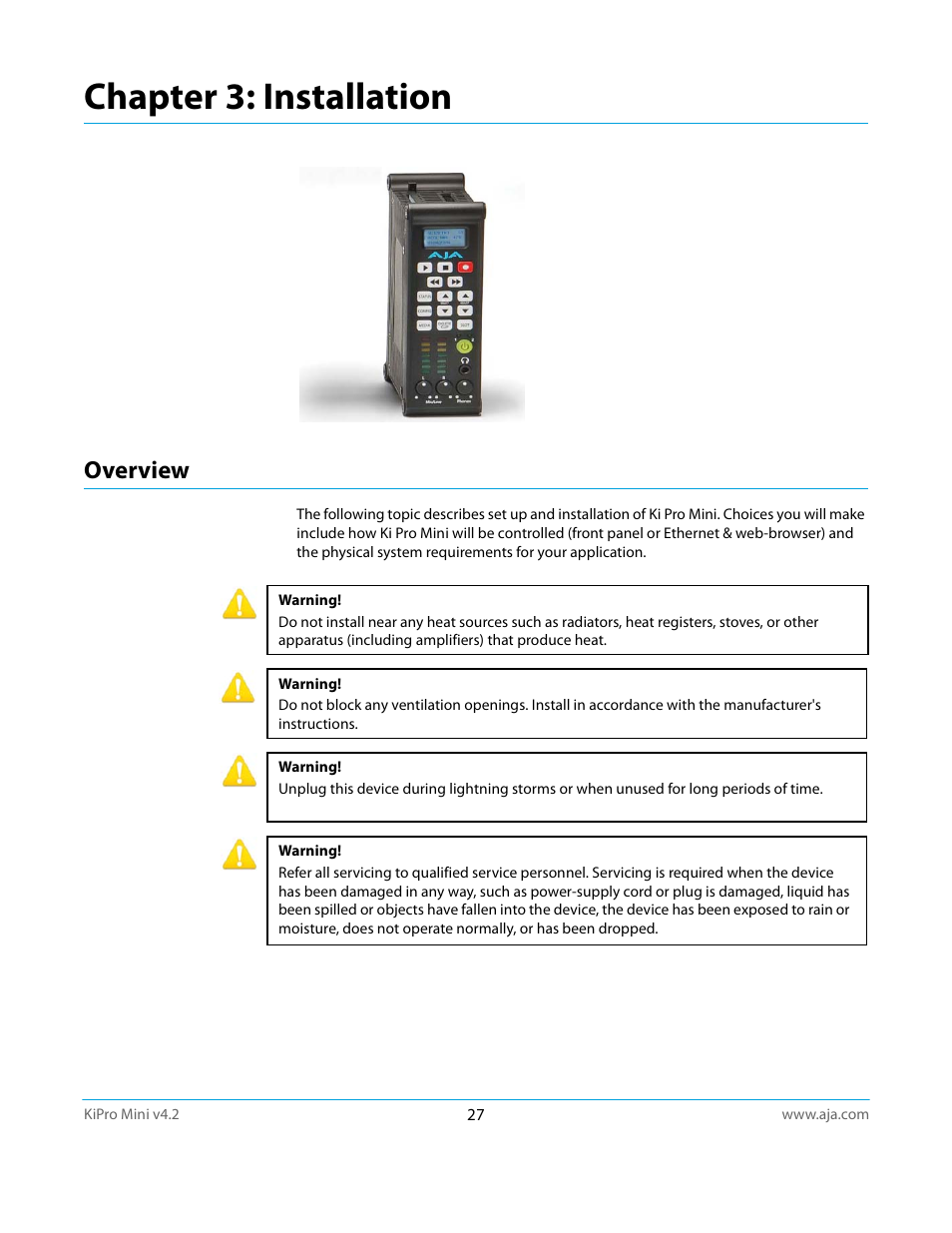 Overview, Chapter 3: installation | AJA Ki Pro Mini User Manual | Page 27 / 106