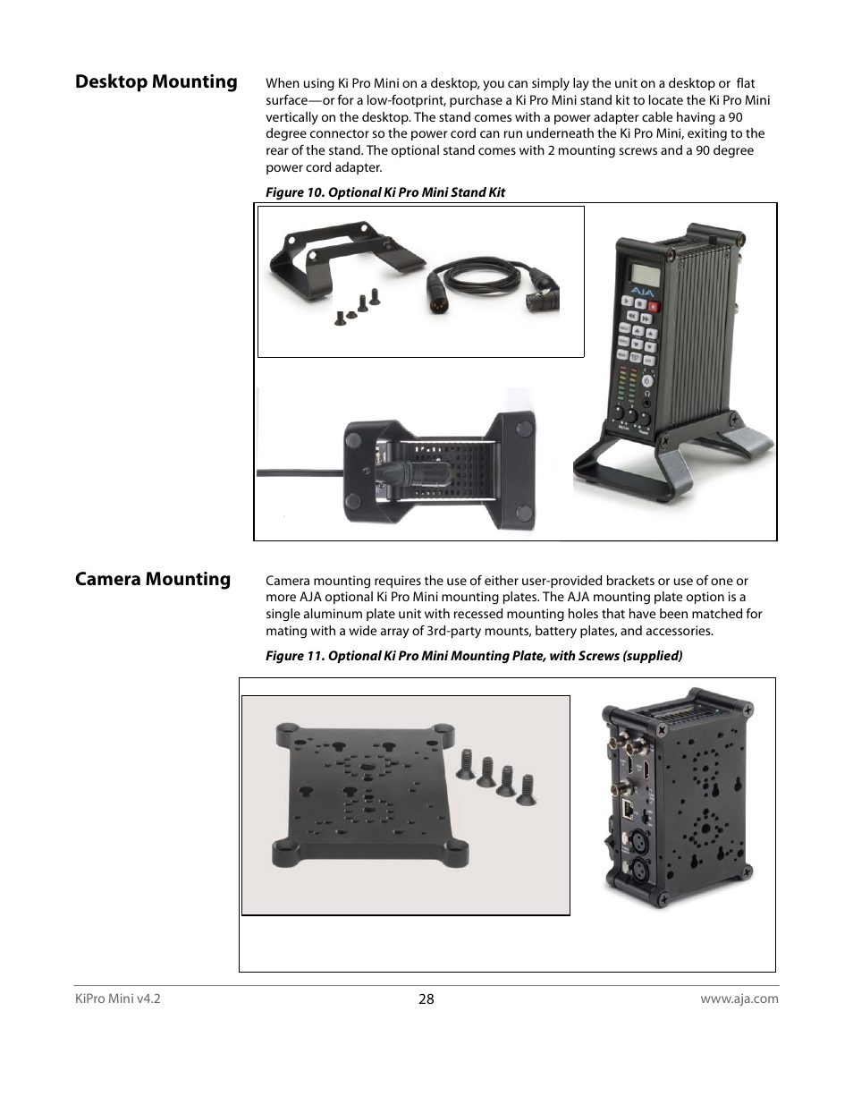 Desktop mounting, Camera mounting | AJA Ki Pro Mini User Manual | Page 28 / 106