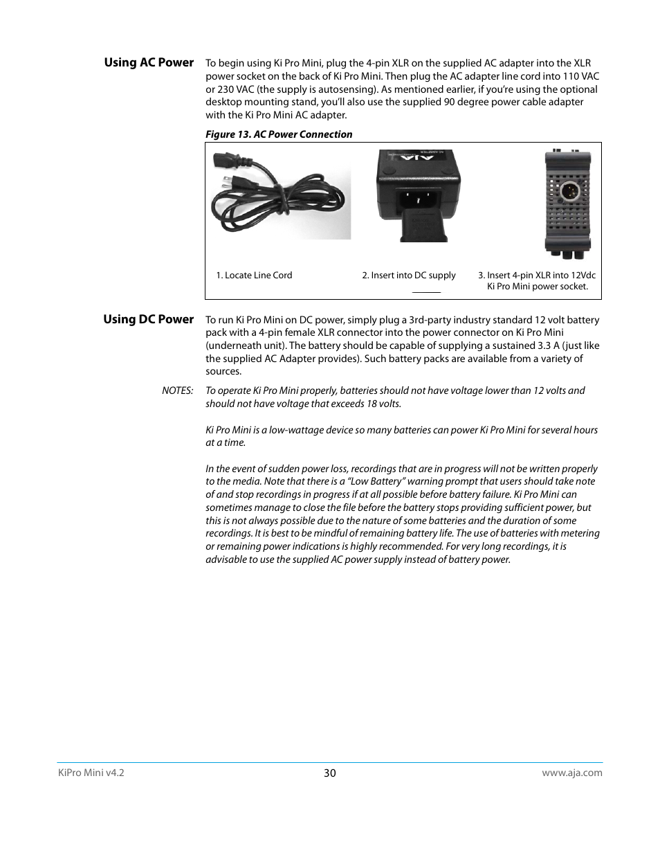 Using ac power, Using dc power | AJA Ki Pro Mini User Manual | Page 30 / 106