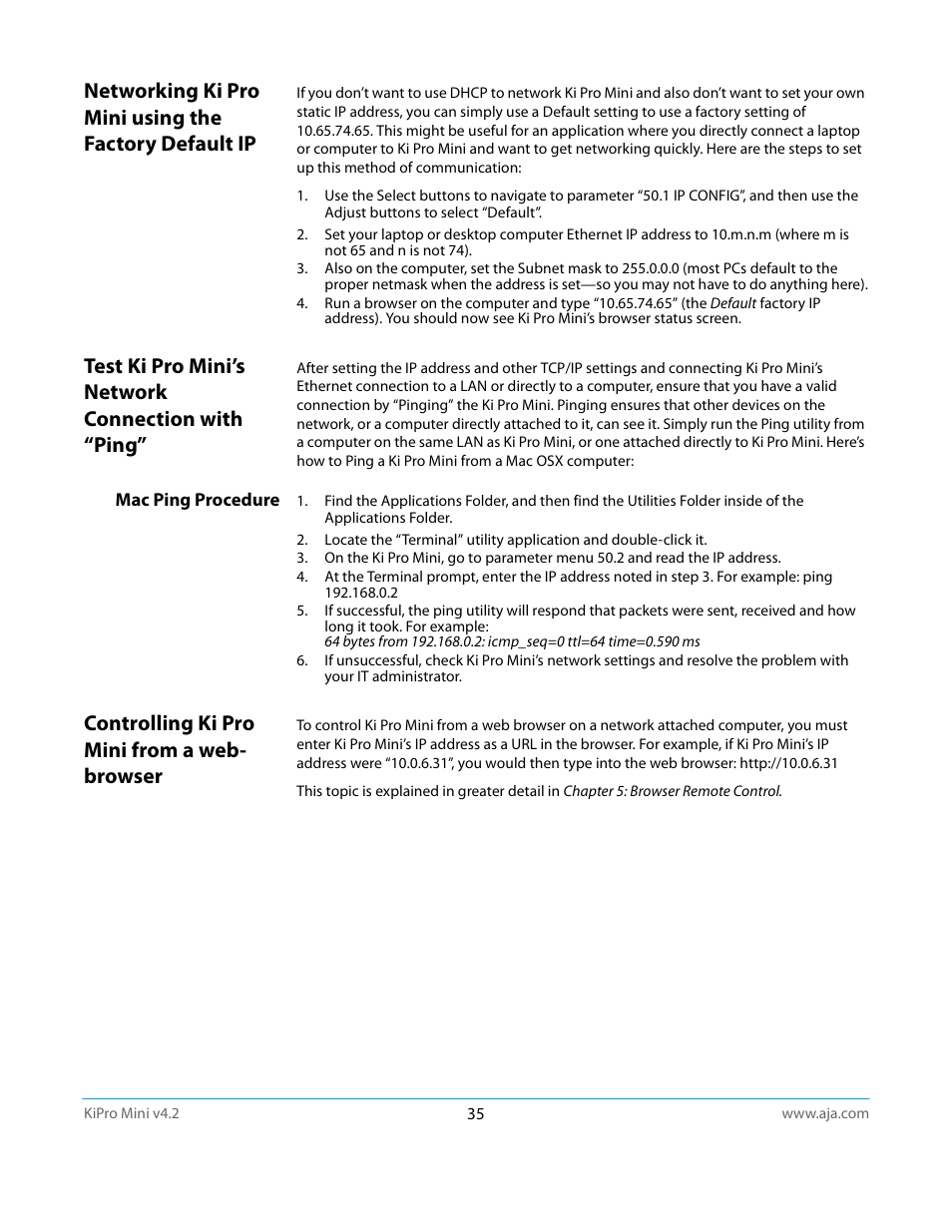 Test ki pro mini’s network connection with “ping, Mac ping procedure, Controlling ki pro mini from a web- browser | AJA Ki Pro Mini User Manual | Page 35 / 106