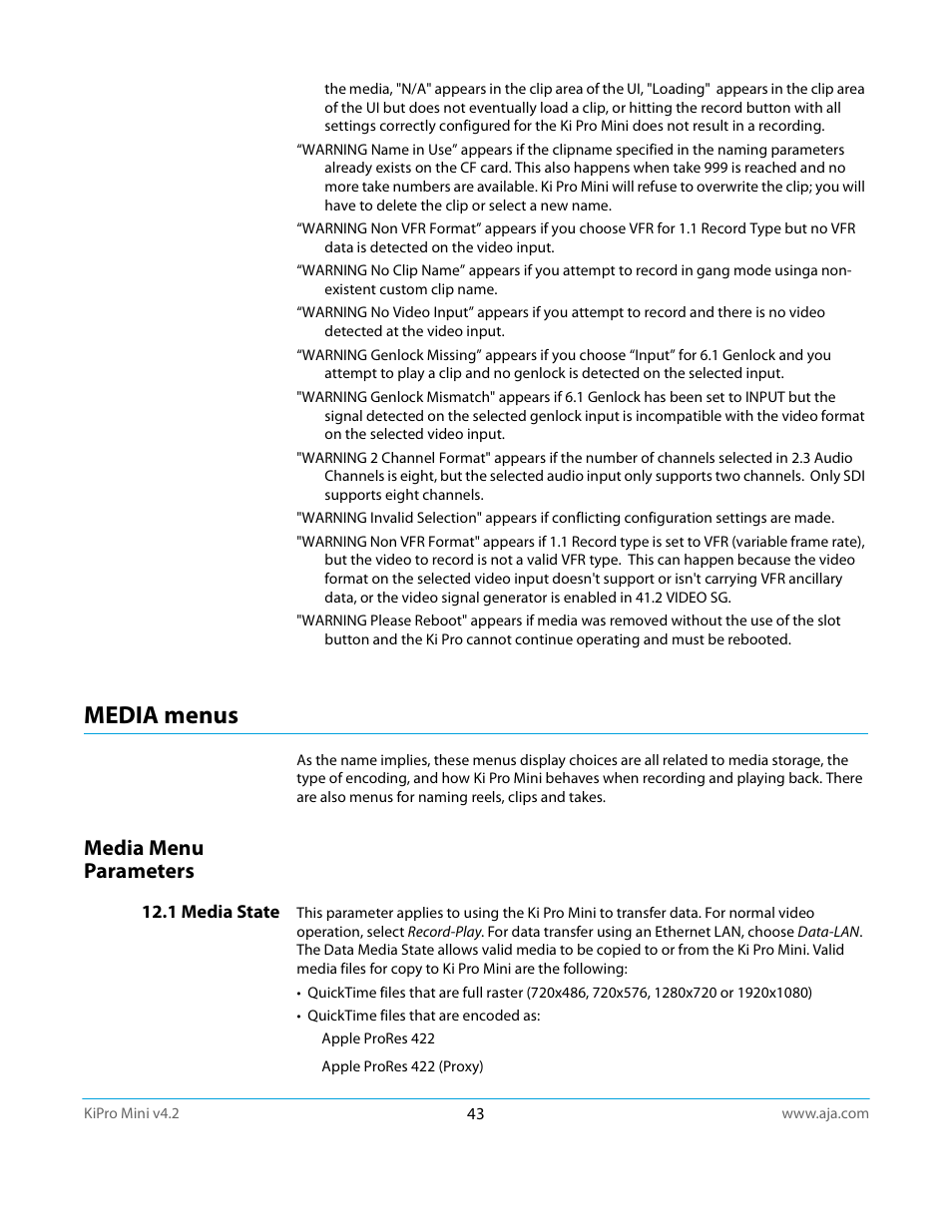 Media menus, Media menu parameters, 1 media state | AJA Ki Pro Mini User Manual | Page 43 / 106