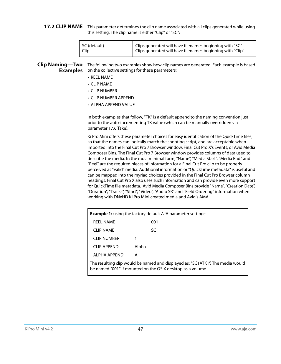 2 clip name, Clip naming—two examples | AJA Ki Pro Mini User Manual | Page 47 / 106