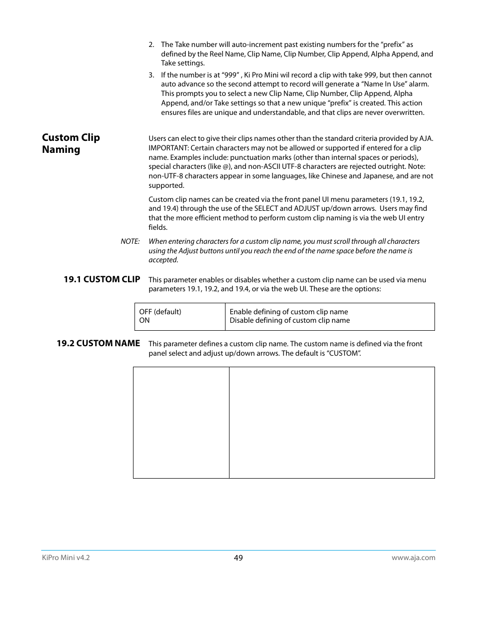 Custom clip naming, 1 custom clip, 2 custom name | AJA Ki Pro Mini User Manual | Page 49 / 106