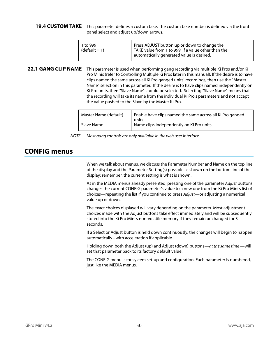 4 custom take, 1 gang clip name, Config menus | AJA Ki Pro Mini User Manual | Page 50 / 106