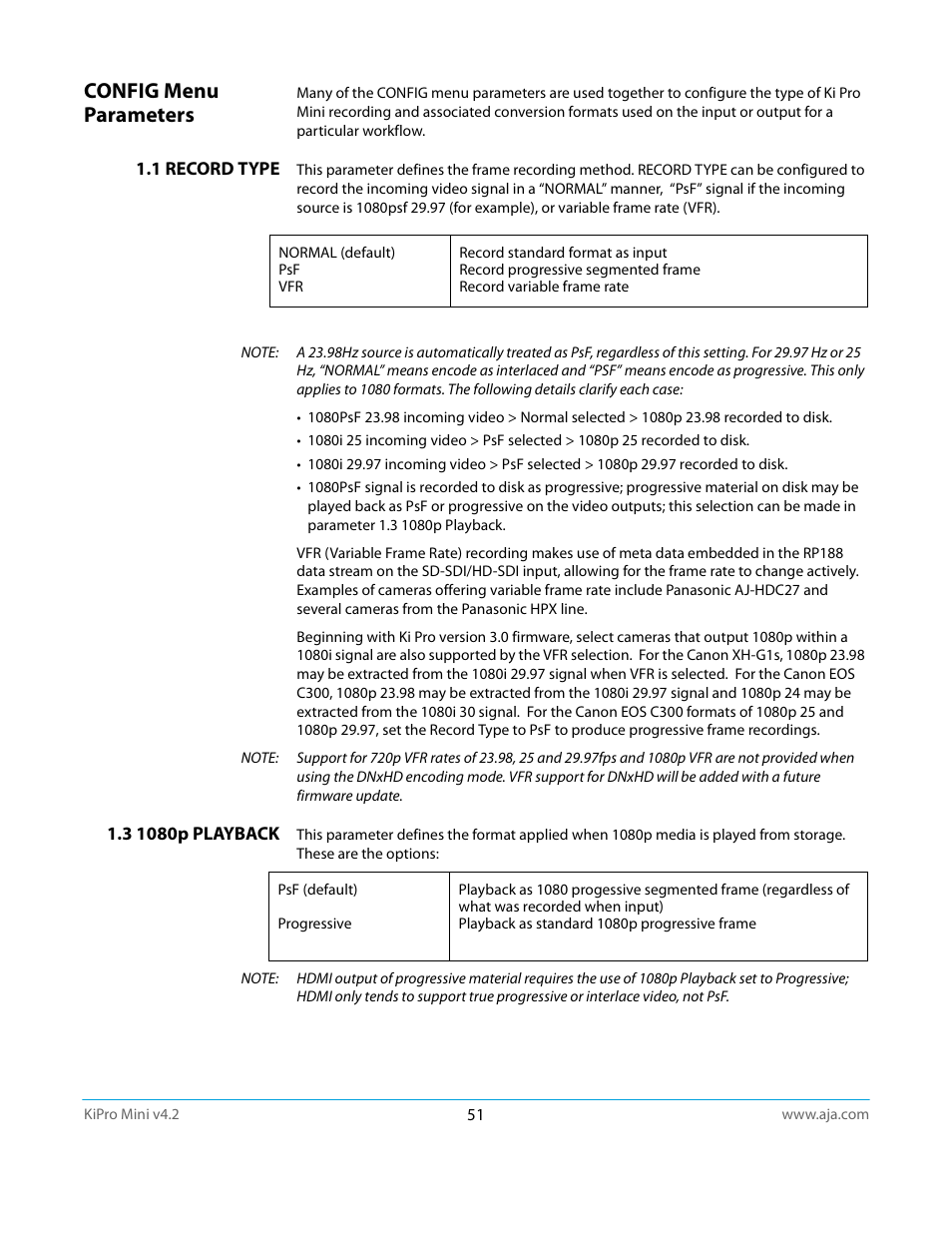 Config menu parameters, 1 record type, 3 1080p playback | AJA Ki Pro Mini User Manual | Page 51 / 106