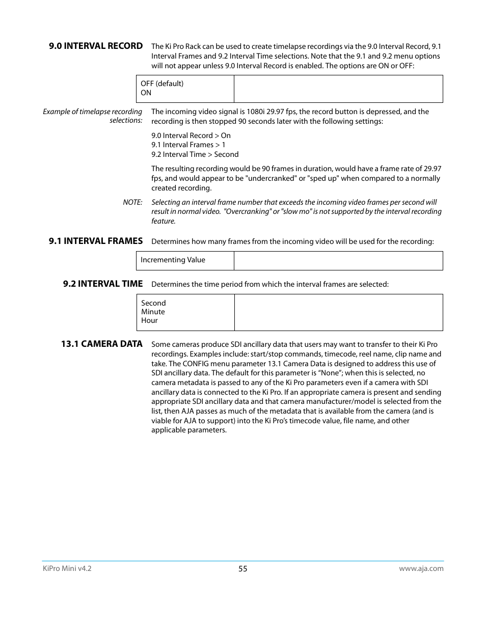 0 interval record, 1 interval frames, 2 interval time | 1 camera data | AJA Ki Pro Mini User Manual | Page 55 / 106
