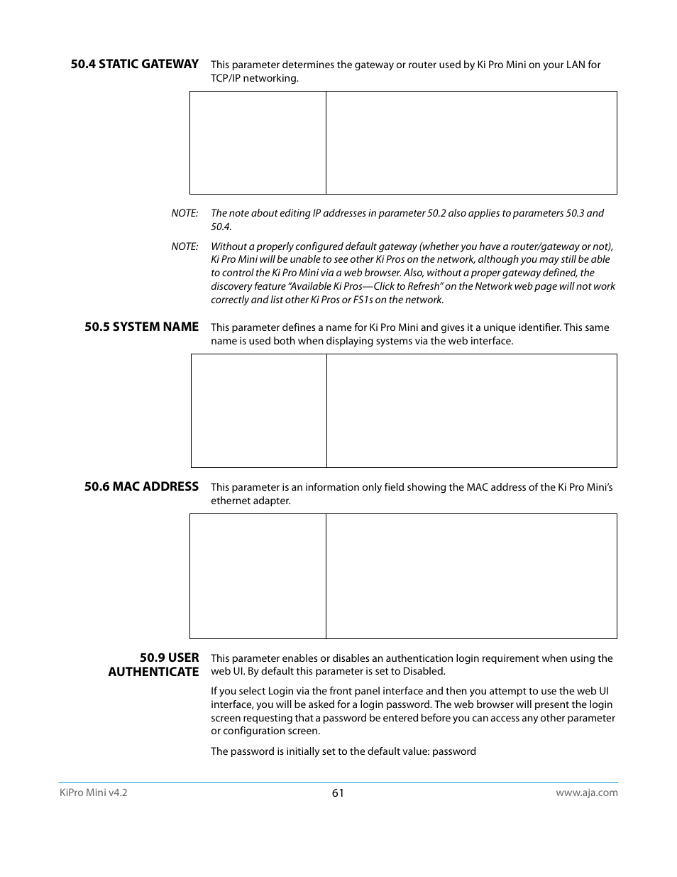 4 static gateway, 5 system name, 6 mac address | 9 user authenticate | AJA Ki Pro Mini User Manual | Page 61 / 106