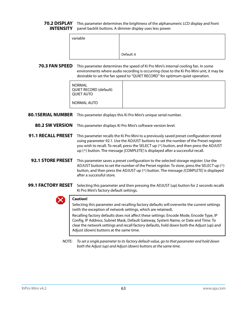2 display intensity, 3 fan speed, 1serial number | 2 sw version, 1 recall preset, 1 store preset, 1 factory reset | AJA Ki Pro Mini User Manual | Page 63 / 106