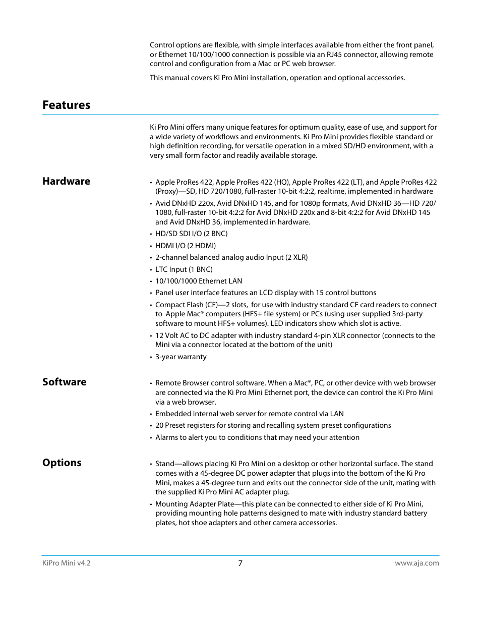 Features, Hardware, Software | Options, Hardware software options | AJA Ki Pro Mini User Manual | Page 7 / 106
