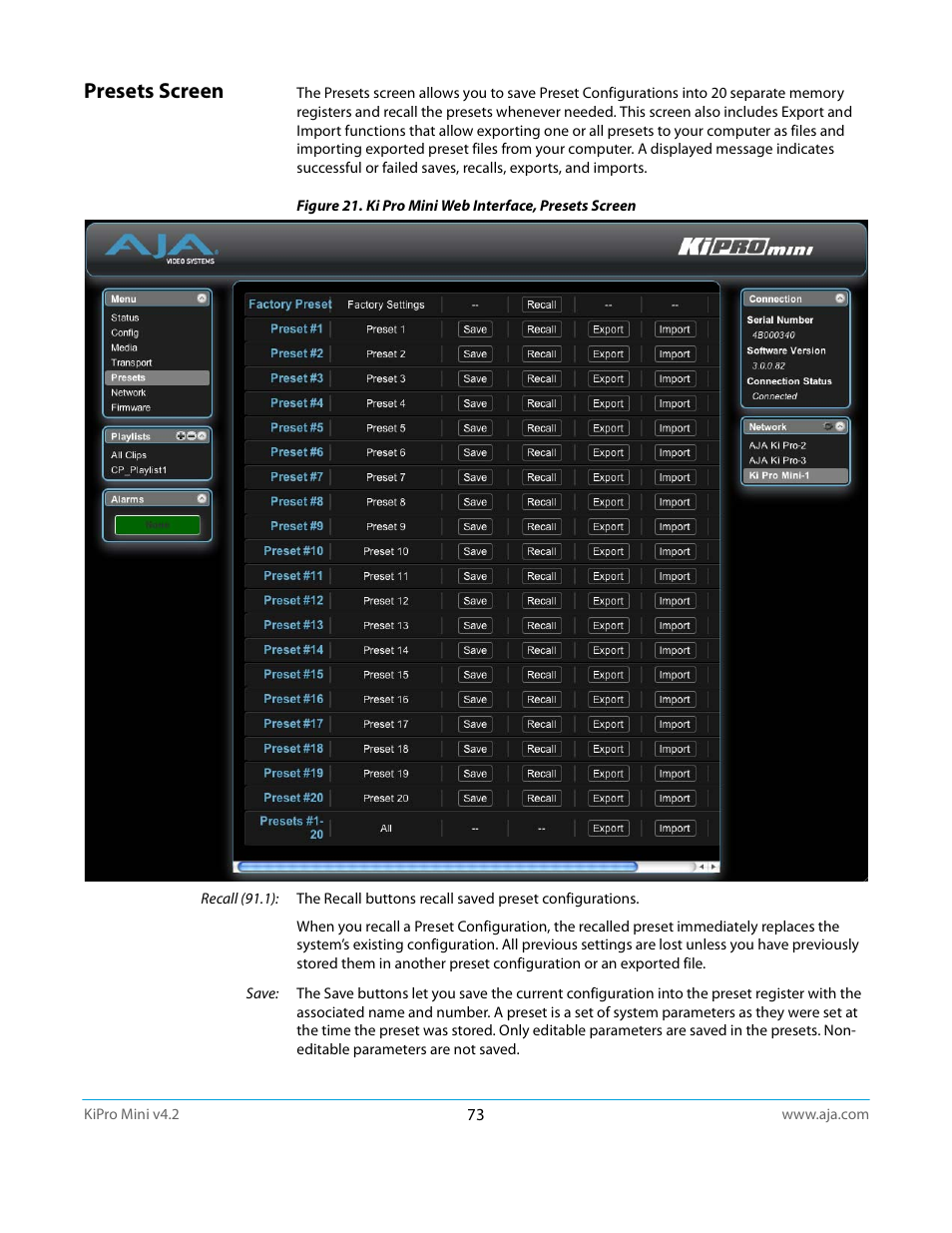 Presets screen | AJA Ki Pro Mini User Manual | Page 73 / 106