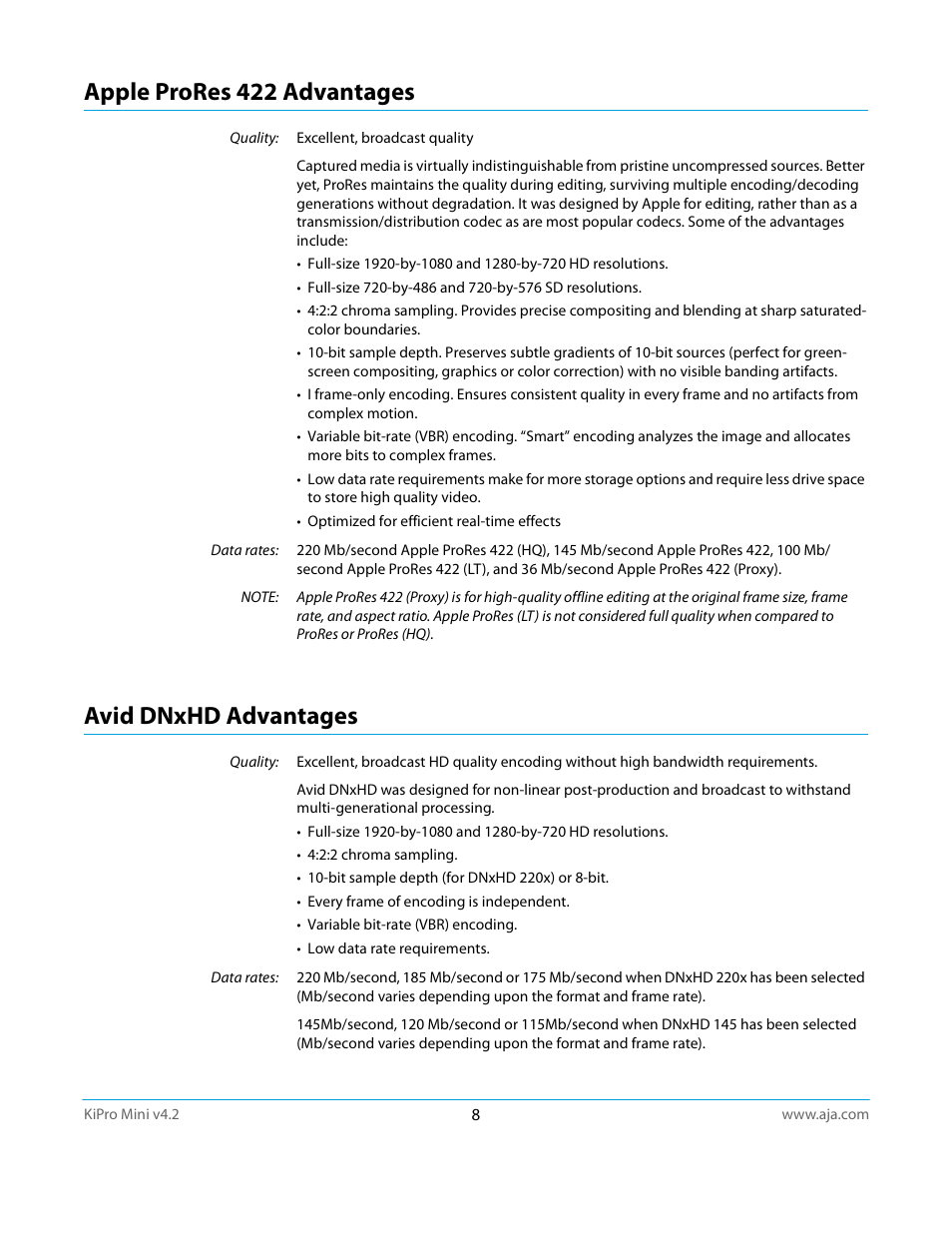Apple prores 422 advantages, Avid dnxhd advantages, Apple prores 422 advantages avid dnxhd advantages | AJA Ki Pro Mini User Manual | Page 8 / 106