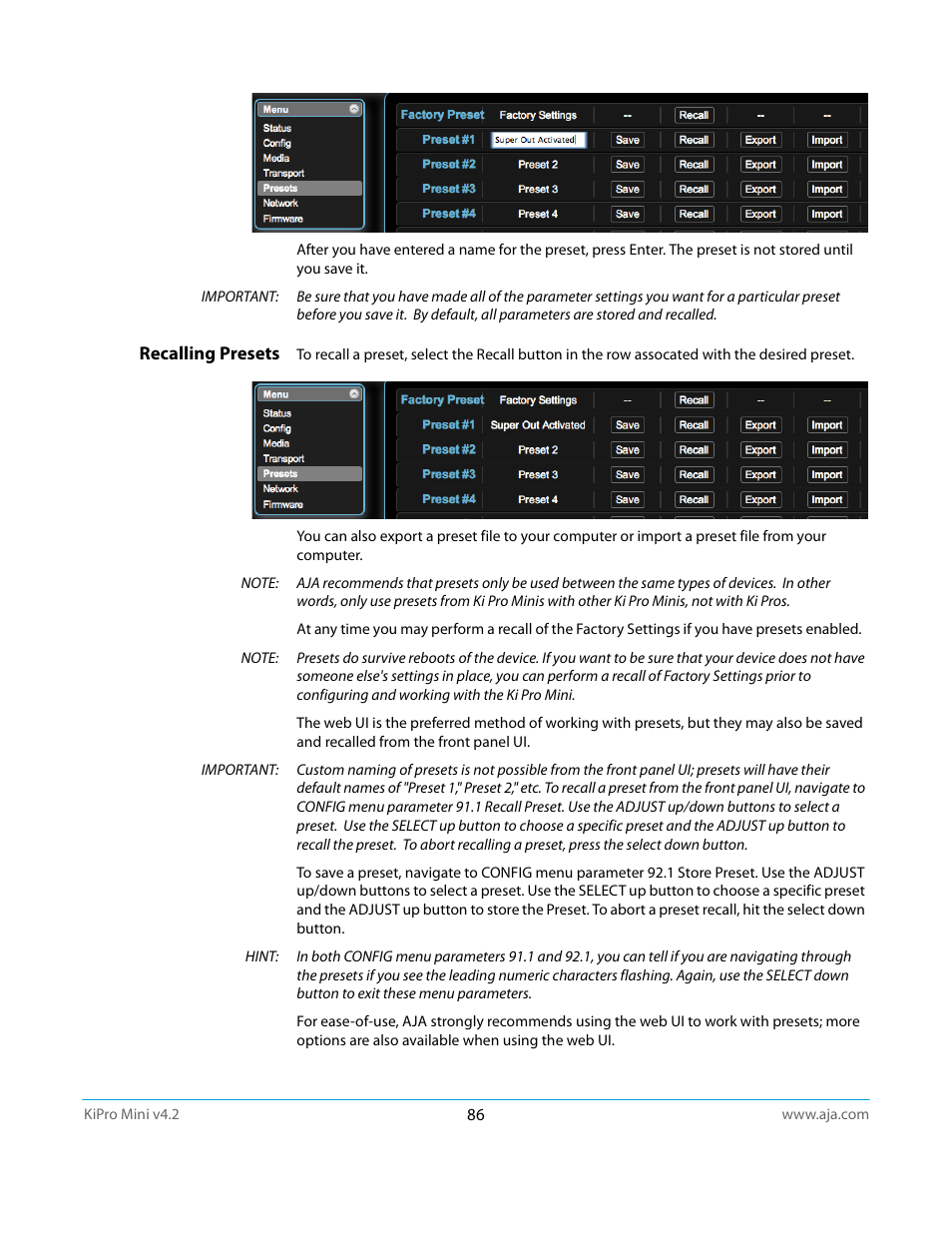 Recalling presets | AJA Ki Pro Mini User Manual | Page 86 / 106