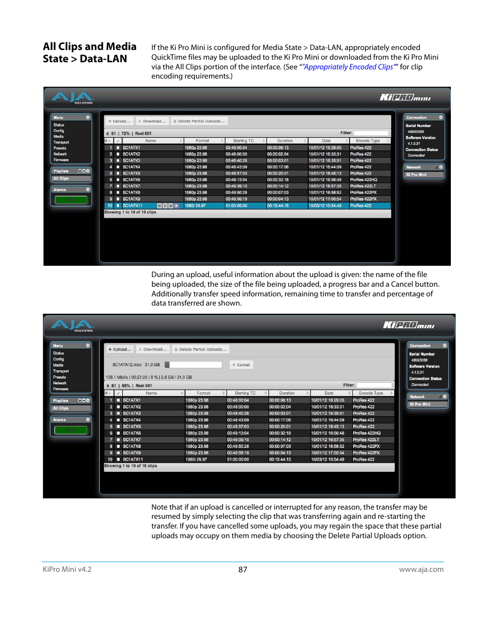 All clips and media state > data-lan | AJA Ki Pro Mini User Manual | Page 87 / 106