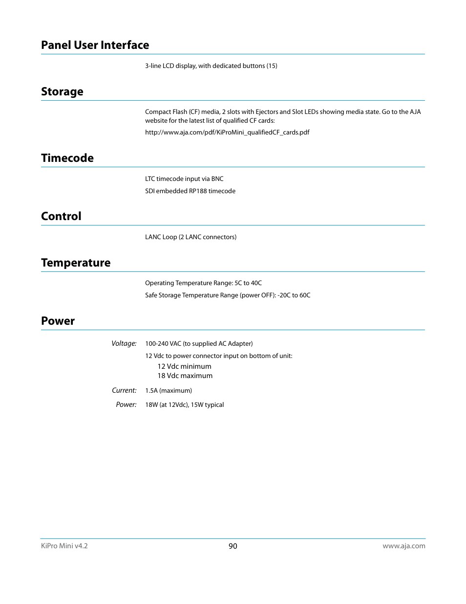 Panel user interface, Storage, Timecode | Control, Temperature, Power, Panel user interface storage timecode, Control temperature power | AJA Ki Pro Mini User Manual | Page 90 / 106