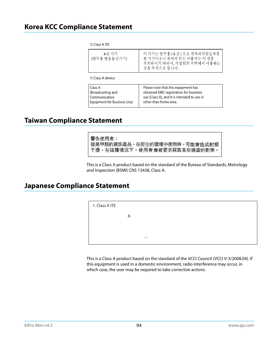 Korea kcc compliance statement, Taiwan compliance statement, Japanese compliance statement | AJA Ki Pro Mini User Manual | Page 94 / 106