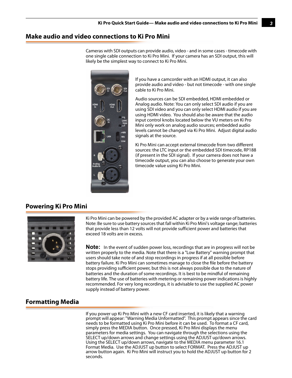 Make audio and video connections to ki pro mini, Powering ki pro mini, Formatting media | AJA Ki Pro Mini User Manual | Page 3 / 10