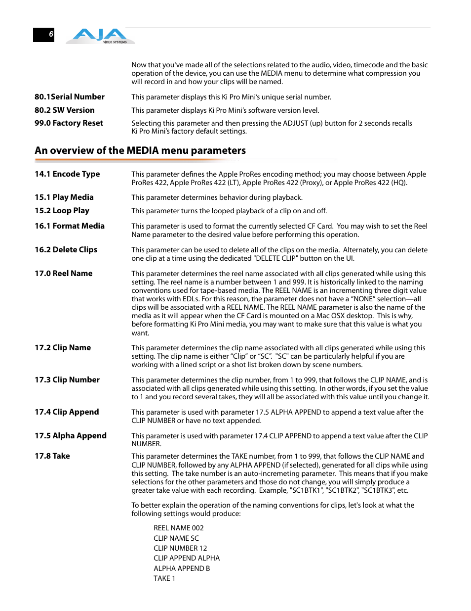 An overview of the media menu parameters | AJA Ki Pro Mini User Manual | Page 6 / 10