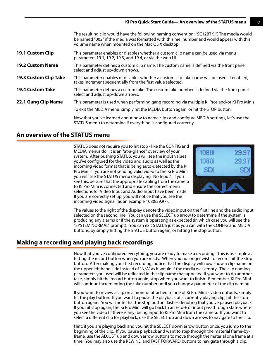 An overview of the status menu, Making a recording and playing back recordings | AJA Ki Pro Mini User Manual | Page 7 / 10