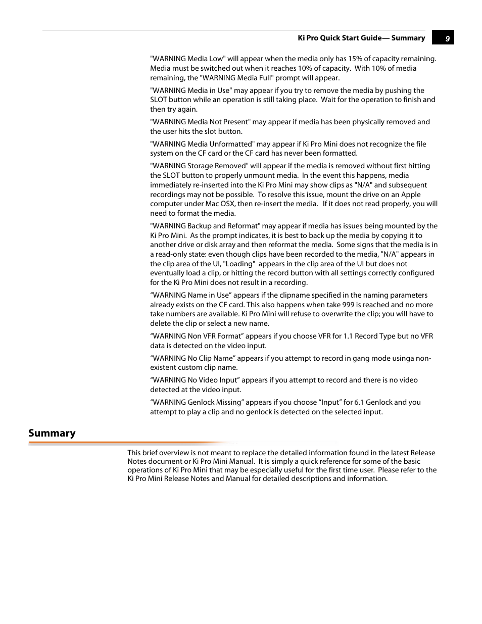 Summary | AJA Ki Pro Mini User Manual | Page 9 / 10