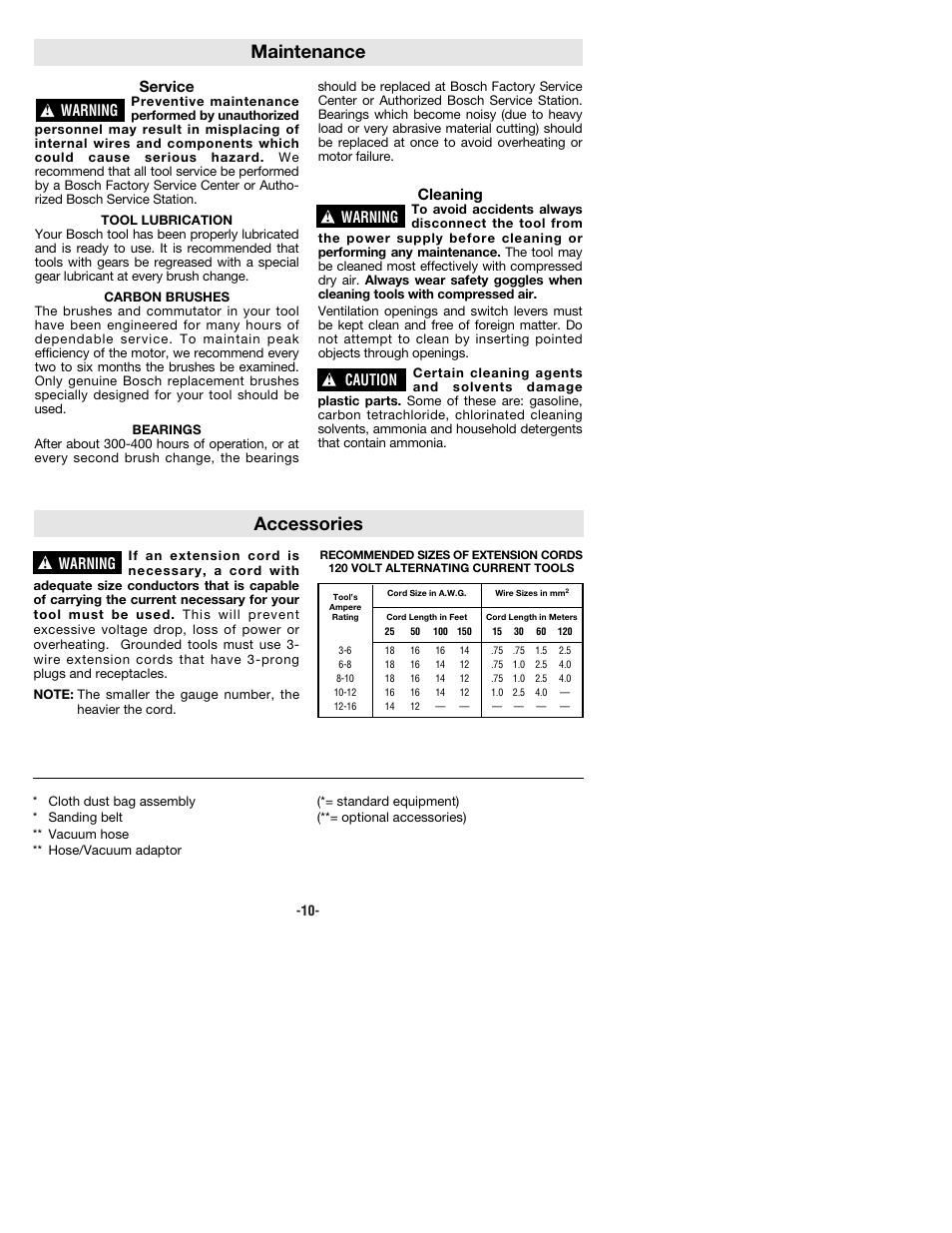 Accessories, Maintenance, Service | Cleaning, Warning, Caution | Bosch 1274DVS User Manual | Page 10 / 32