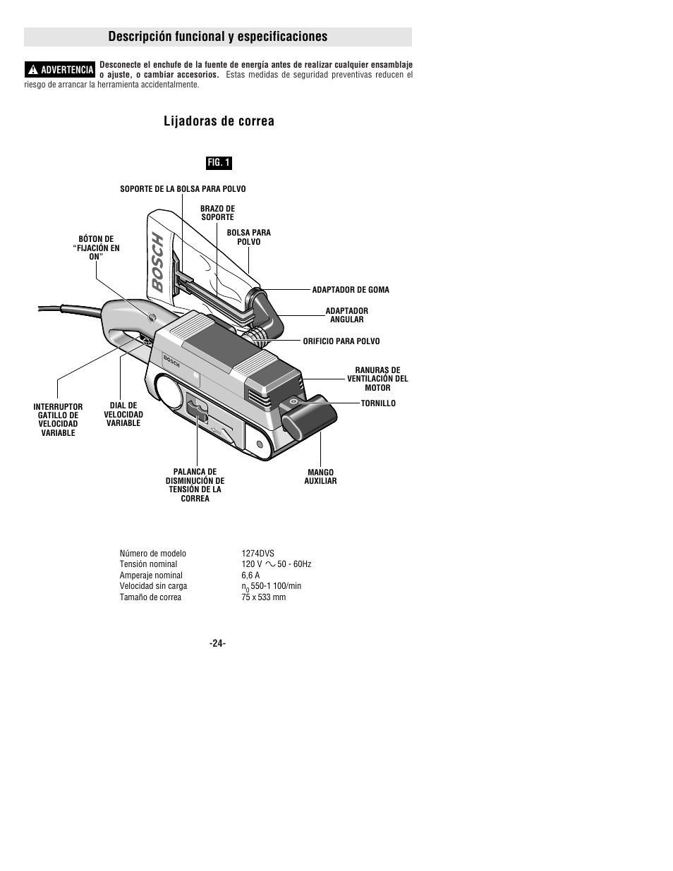 Descripción funcional y especificaciones, Lijadoras de correa | Bosch 1274DVS User Manual | Page 24 / 32