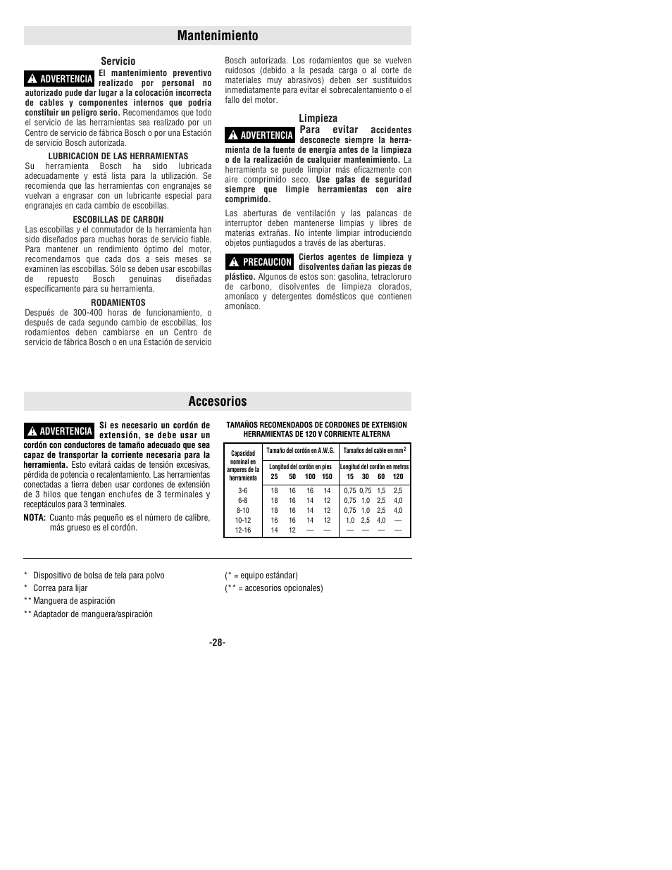 Mantenimiento, Accesorios | Bosch 1274DVS User Manual | Page 28 / 32