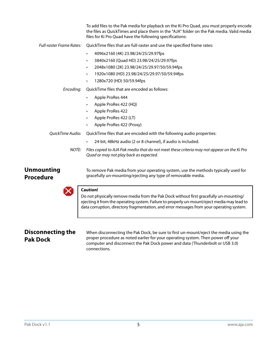 Unmounting procedure, Disconnecting the pak dock | AJA Pak Dock User Manual | Page 5 / 8