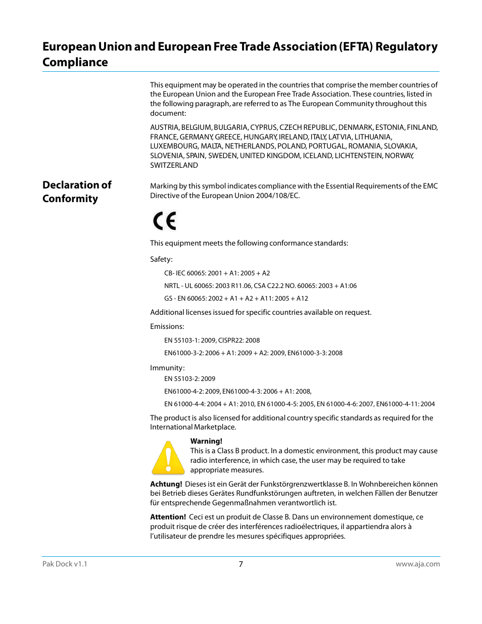 Declaration of conformity | AJA Pak Dock User Manual | Page 7 / 8