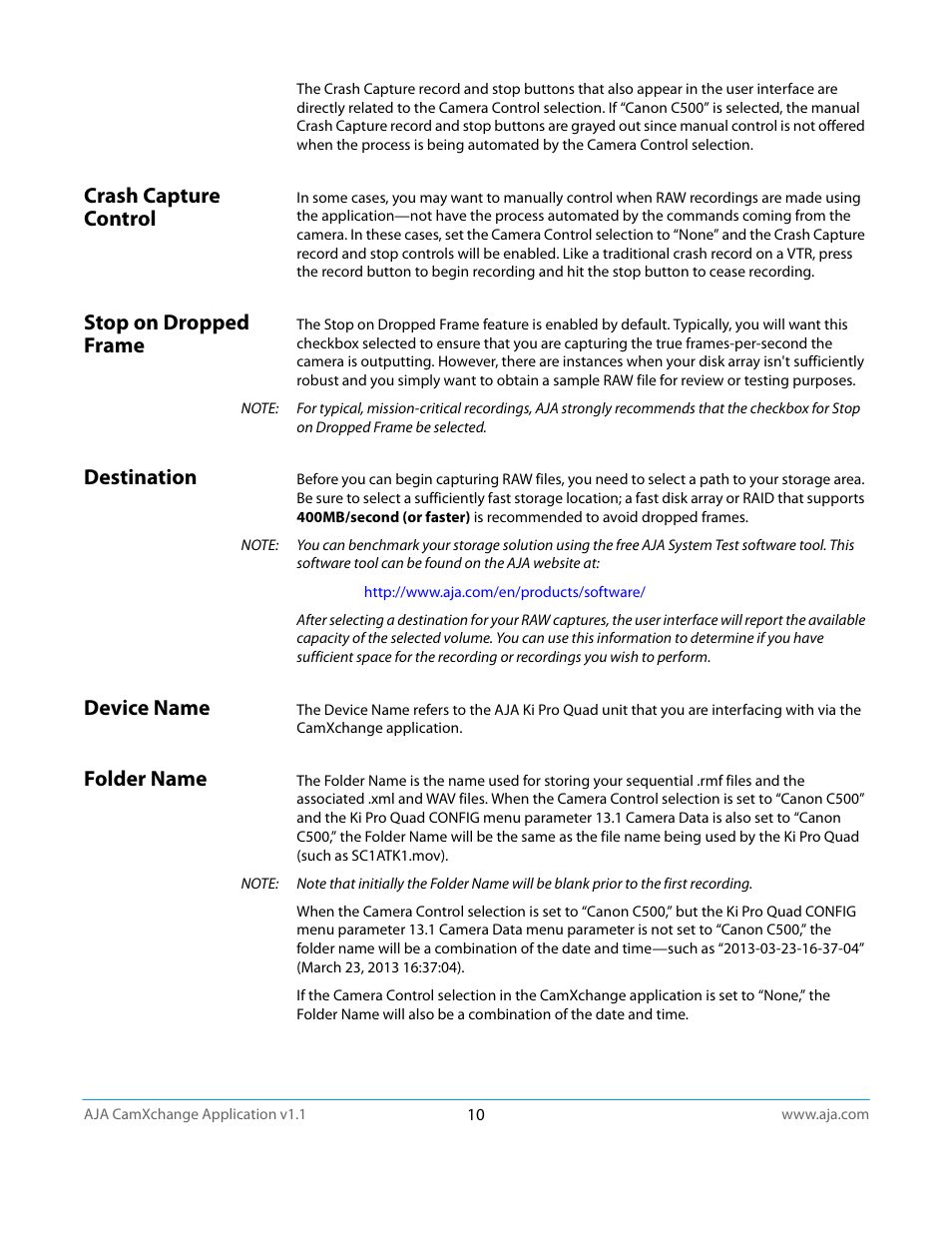 Crash capture control, Stop on dropped frame, Destination | Device name, Folder name | AJA CamXchange User Manual | Page 10 / 16