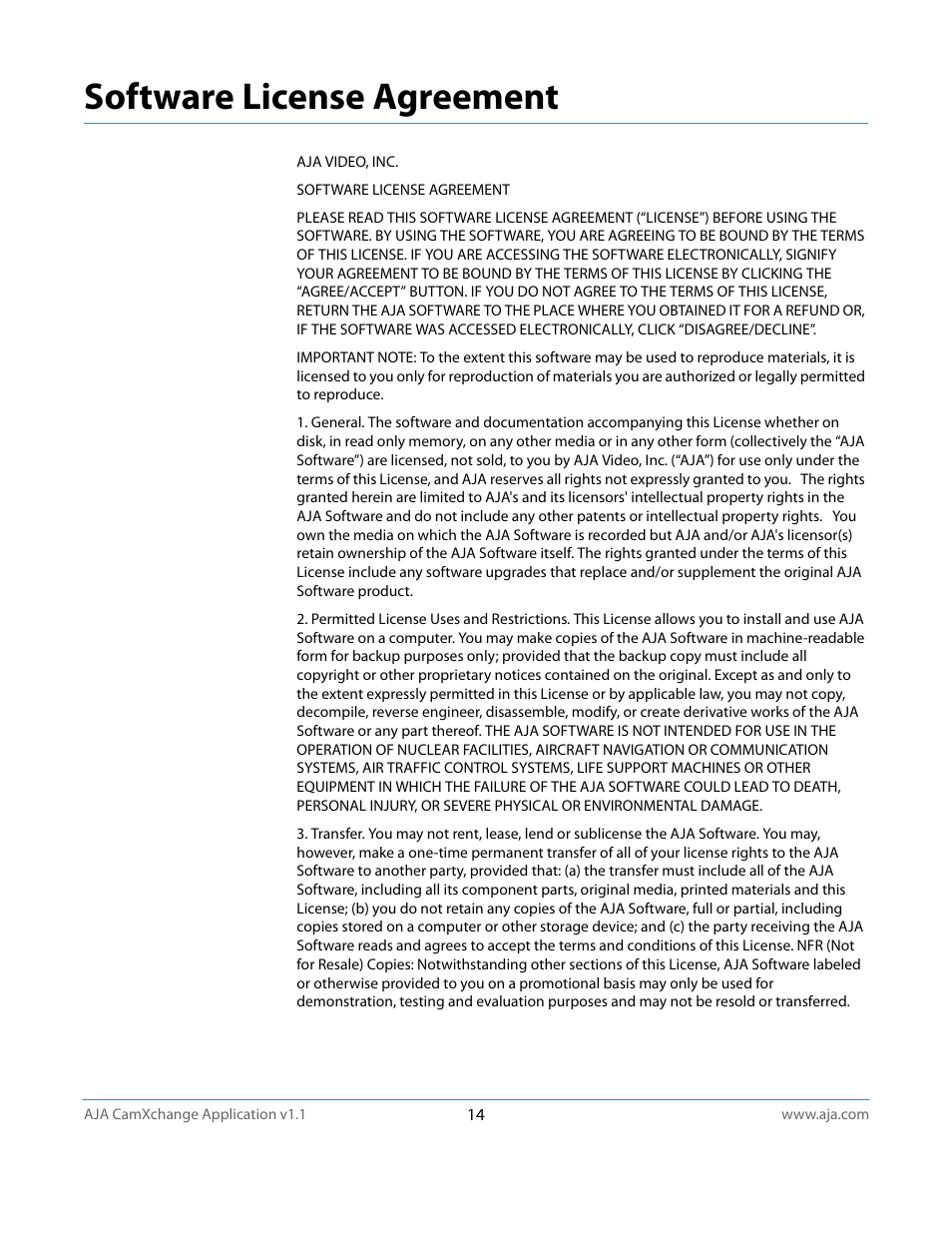 Software license agreement | AJA CamXchange User Manual | Page 14 / 16