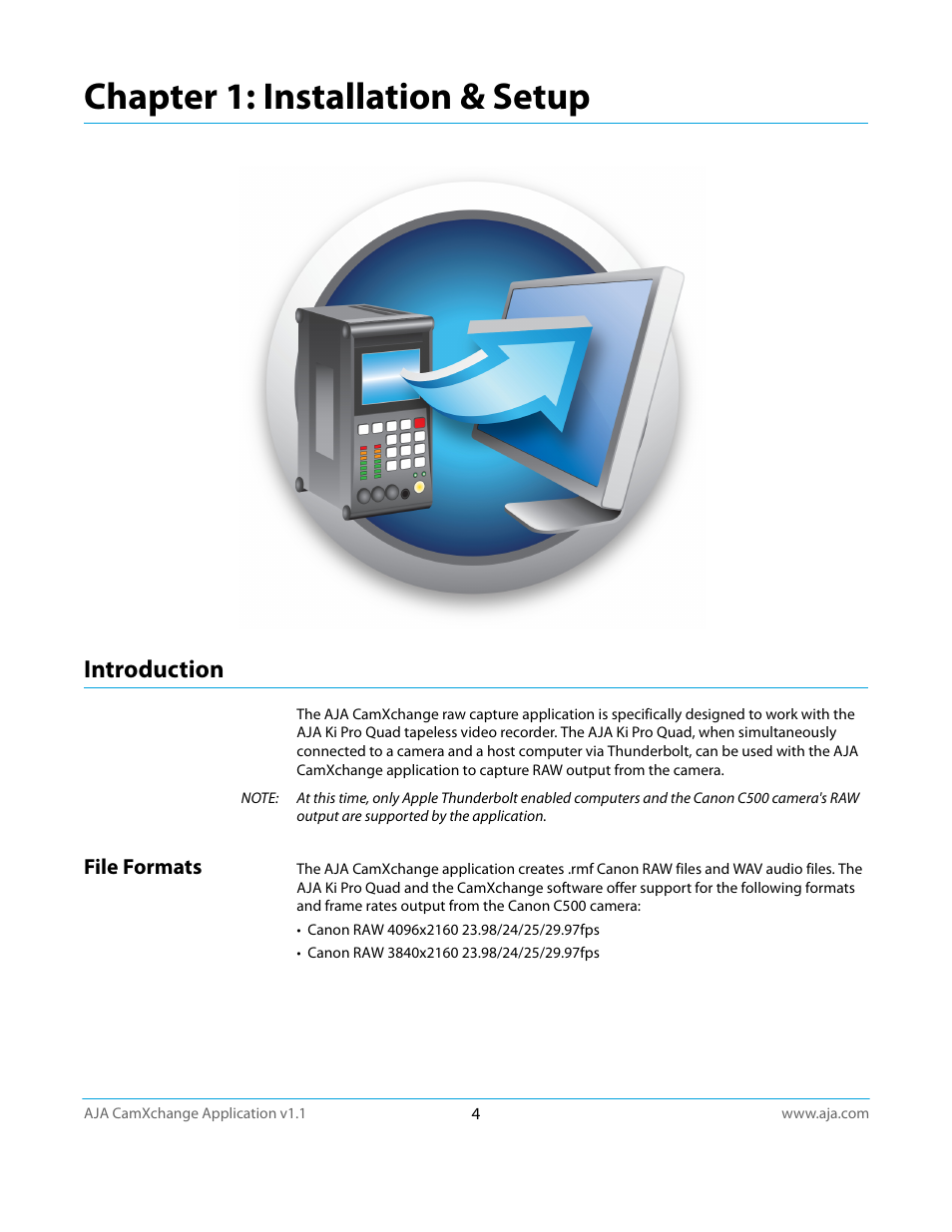 Introduction, File formats, Chapter 1: installation & setup | AJA CamXchange User Manual | Page 4 / 16