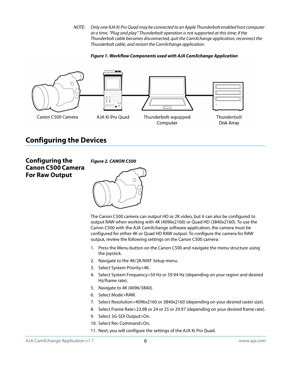 Configuring the devices, Configuring the canon c500 camera for raw output | AJA CamXchange User Manual | Page 6 / 16